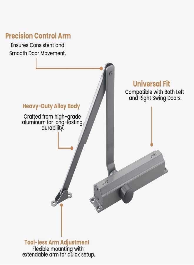 LAPO جهاز إغلاق أبواب أوتوماتيكي هيدروليكي مزدوج السرعة من الألومنيوم شديد التحمل من لابو للمنزل والمكتب | أجهزة إغلاق أبواب خشبية ناعمة مع مجموعة تركيب لجميع أوزان الأبواب حتى 50 كجم (لون فضي) - Image 3